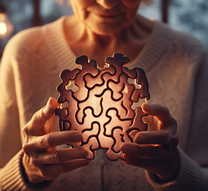 Frau hält Muster eines abstraktem Gehirns in der Hand