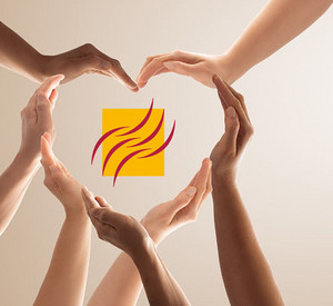Hände formen ein Herz und das Logo des LSJV