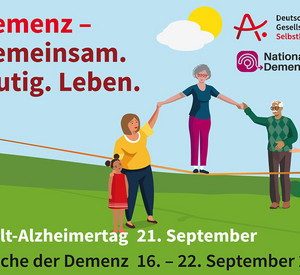 Plakat Weltalzheimertag, Schriftzug: Welt Alzheimertag 21. September 2024 Woche der Demenz 16.-22. Dezember 2024, Demenz Gemeinsam.Mutig.Leben