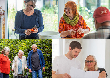 Collage an Bildern von Personen in verschiedenen Wohnsituationen in einer Wohngemeinschaft