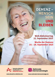 Plakat: Welt-Alzheimer Tag "Demenz - Mensch sein und bleiben" 21. September 2025 Woche der Demenz 19.-28. September 2025 Deutsche Alzheimer Gesellschaft e.V. Selbsthilfe Demenz Demenzstrategie