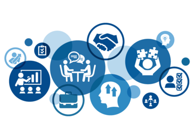Illustration mit verschiedenen blauen Kreisen, in denen Icons abgebildet sind zu Personal, Beschäftigung, Karriere- und Talentmanagementthemen