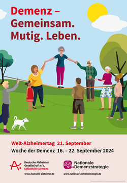 Plakat Weltalzheimertag, Schriftzug: Welt Alzheimertag 21. September 2024 Woche der Demenz 16.-22. Dezember 2024, Demenz Gemeinsam.Mutig.Leben