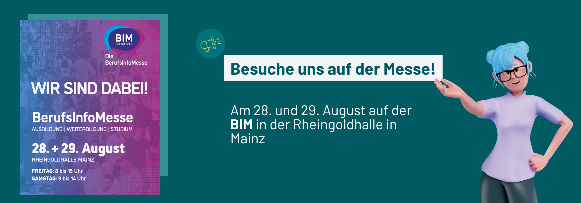 Slider für die Ankündigung für die BerufsInfoMesse, am 28. und 29. August in der Rheingoldhalle Mainz