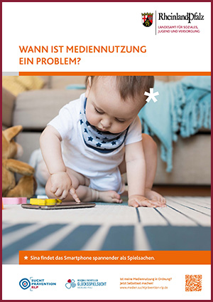 Deckblatt Plakatreihe Medienabhängigkeit. Baby tippt mit Zeigefinger auf einem Display